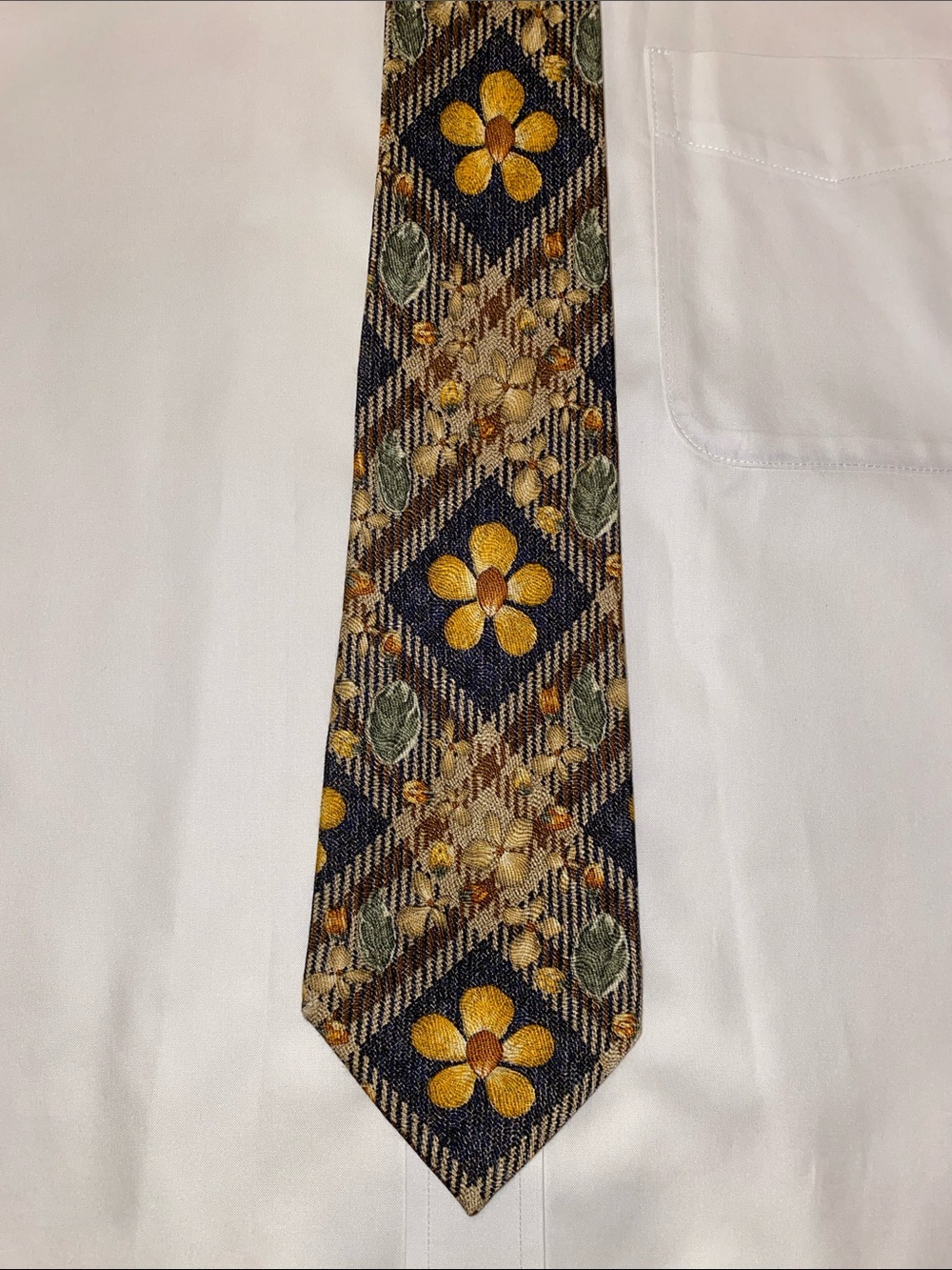 Bullock & Jones Vintage-Inspired Brown Silk Tie with Gold and Green Floral Motif